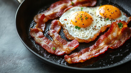Top view of breakfast pan with eggs and bacon on gray background