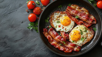 Top view of breakfast pan with eggs and bacon on gray background