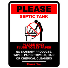 Please, septic tank, no sanitary product, wipes, paper towels, hair or chemical cleaners, sign vector