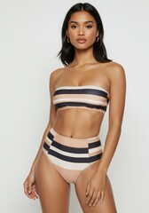 Fototapeta premium Striped High-Waisted Bikini Set Summer Fashion, Beachwear, Swimsuit, Tan Lines, Vacation Style