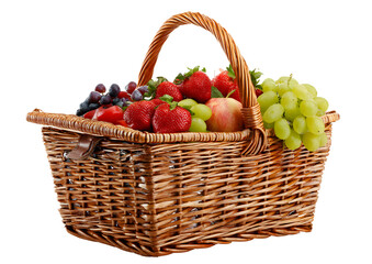 Colorful fruit basket filled with fresh strawberries, grapes, oranges, and apples PNG transparent background