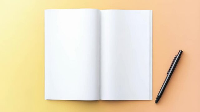 Blank notebooks spread across vivid color planes, black pen resting nearby, inspiring creative potential through minimalist composition
