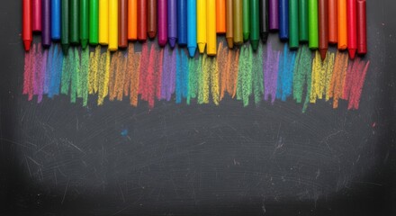 Colorful crayons lined up on a black chalkboard with vibrant streaks
