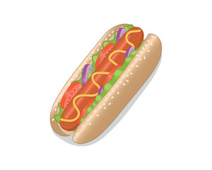 Vector illustration design of a food called hotdog with sausage meat filling and sliced ​​red onion and tomato and celery leaves