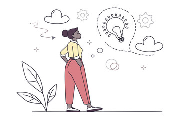 A woman contemplates a bright idea represented by a glowing lightbulb above her head surrounded by abstract elements symbolizing thought processes