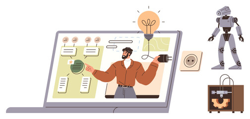 Man presenting creative ideas on laptop screen, connected to a robot, light bulb, and 3D printing. Ideal for education, technology, innovation, teamwork, creativity future industry simple flat