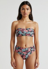 Fototapeta premium Stylish Tropical Print Bandeau Bikini Set High-Waisted Bottoms & Strapless Top for Summer