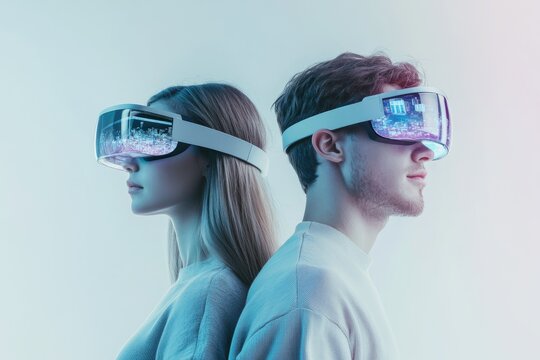 A young couple experiences immersive virtual reality, exploring a futuristic cityscape projected onto their headsets.