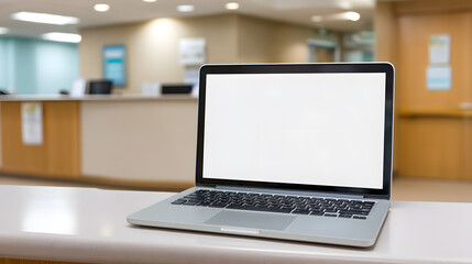 Fototapeta premium A laptop with blank white screen placed on a desk in a modern reception setting. Ideal for UI/UX mockups, business presentations, or corporate visuals. Professional and clean. Keywords: 