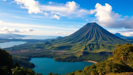 Naklejka premium A majestic stratovolcano dominates the landscape overlooking a serene turquoise lake and lush green vegetation under a vibrant blue sky.