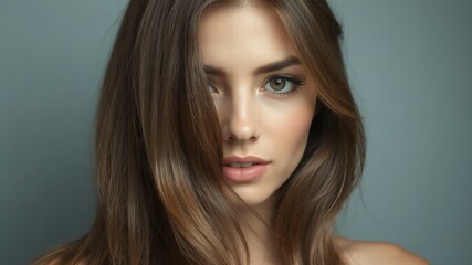 A beautiful young woman with long brown hair and captivating green eyes poses for a close-up beauty portrait against a muted blue background.