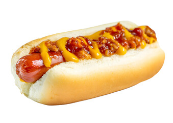 Hot dog topped with chili and cheese in a bun PNG transparent background