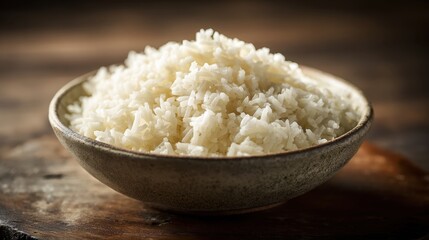 Steaming Bowl of Rice: A close-up shot captures the simple elegance of a bowl brimming with freshly cooked white rice, evoking the comfort and warmth of a home-cooked meal.