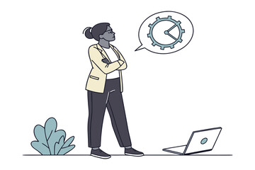 Focused businesswoman contemplates strategy with a gear icon symbolizing operational efficiency and a laptop nearby