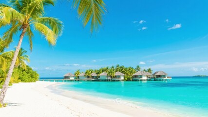 Naklejka premium Tropical Beach with Overwater Bungalows and Palm Trees