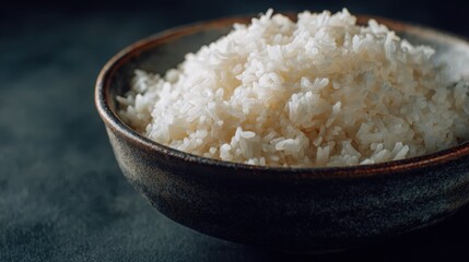 Bowl of Cooked Rice: A rustic dark brown bowl brimming with fluffy, cooked white rice, ready to be served.