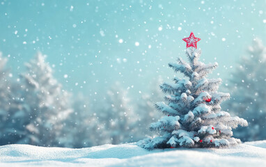 A festive Christmas tree stands adorned with ornaments amidst a snowy winter landscape, celebrating the holiday season