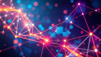 Abstract digital network connection glowing with vibrant red and blue nodes linked by illuminated lines on dark background.