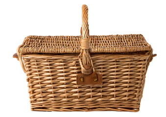 Top view of a traditional wicker picnic basket with a handle and leather accent, perfect for outdoor meals, PNG, transparent background