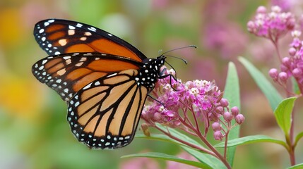 Fototapeta premium Close-up View of Monarch Butterfly Feeding on Milkweed Flowers