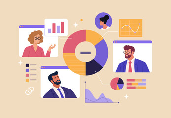 Naklejka na ściany i meble Online Business Analytics Concept. Vector illustration of diverse people in web page windows discussing statistical graphs. Isolated on background.