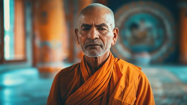 A bald elderly man in orange robes
