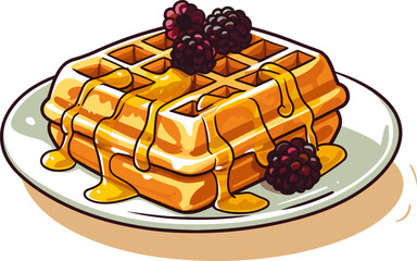 Golden Waffles with Blackberries and Syrup on a White Plate