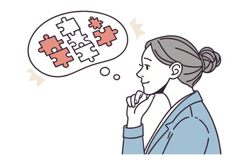 A thoughtful businesswoman contemplates a complex puzzle of interconnected pieces symbolizing problem solving and strategic thinking in her mind