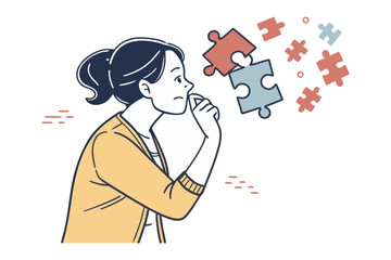 A thoughtful woman contemplates a fragmented puzzle trying to connect the pieces to solve a complex problem or find a missing element