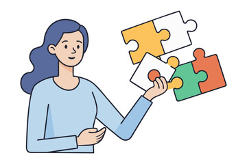 Creative woman holding colorful puzzle pieces symbolizing problem solving strategy and finding solutions in a conceptual illustration