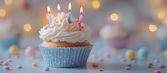 Birthday Cupcake with Lit Candles — Festive Celebration, Party Decoration, and Sweet Dessert Concept
