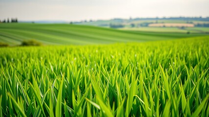 Fototapeta premium Lush green grass field landscape with rolling hills in the scenic background under a bright sky.