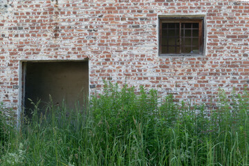 Facade of abandoned brick building with open dark doorway, barred window, and overgrown wild grass in foreground, symbolizing decay, neglect, and forgotten architecture