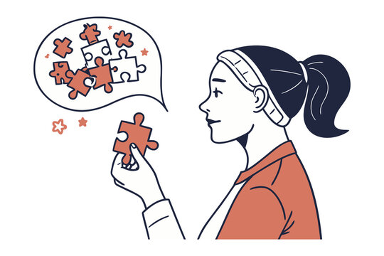 A young woman contemplates a puzzle piece visualizing the scattered pieces needed to complete a complex task or solve a problem