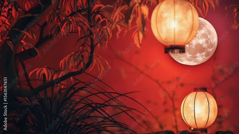 Poster A pair of lanterns suspended from a tree branch, lit up in the evening or night