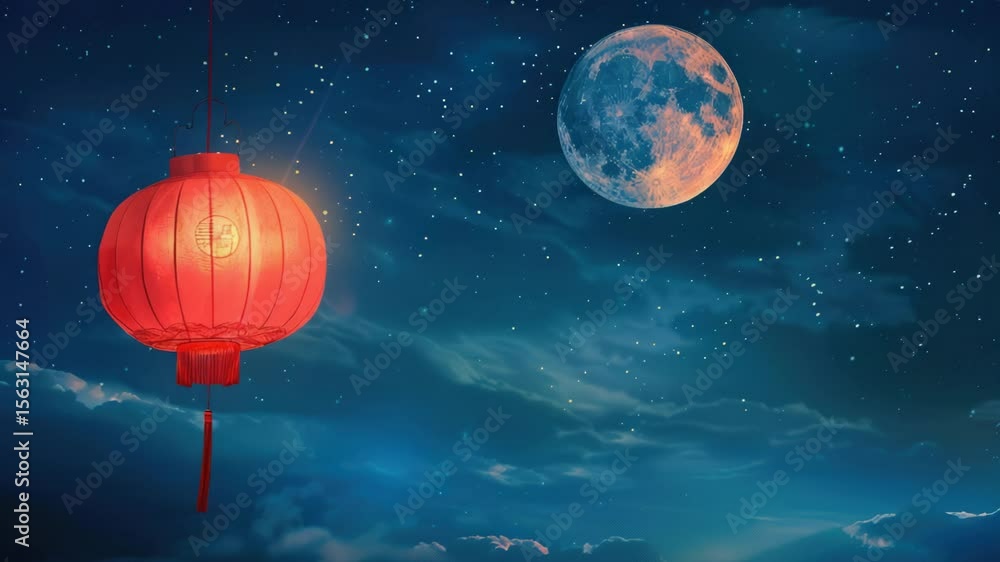 Aufkleber A single red lantern hangs from a string, illuminated by the soft glow of a full moon