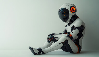 Lonely Futuristic Robot Sitting Against Wall — Concept of AI Emotions, Isolation, and Advanced Technology
