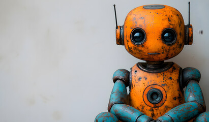 Cute Rusty Orange Robot Sitting — Retro Futuristic Character for Tech, AI, or Toy Design Concepts
