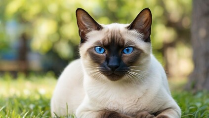 Siamese or Thai cat stands on the grass. Blue-eyed cat. The cat walks in the park alone on a sunny day


