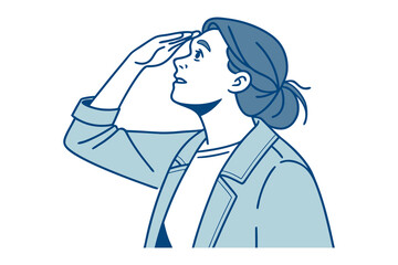 A stylized illustration of a woman with her hand shielding her eyes looking upwards and into the distance with a thoughtful expression