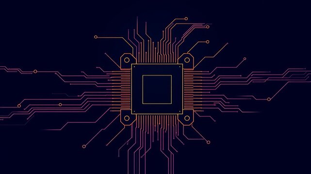 Abstract illustration of a central processing unit CPU with circuit board design showing technological innovation and digital data flow.