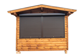 Closed Wooden Kiosk with Roller Shutters Isolated for Retail or Market Use