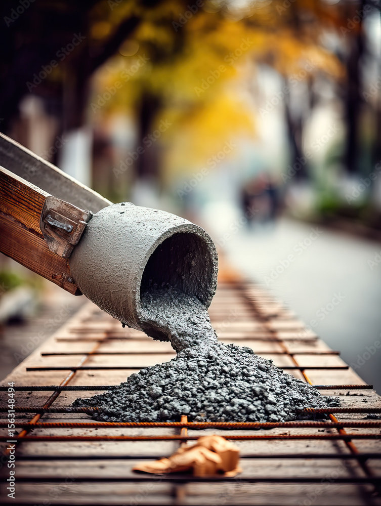 Poster concrete pouring on metal reinforcement with autumn trees blurred in background, showing industrial 
