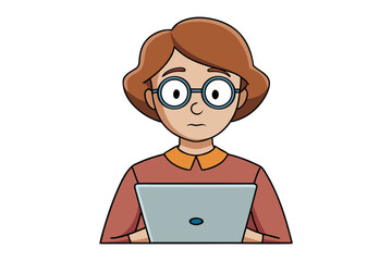 A worried cartoon woman wearing large round glasses and a reddish brown shirt is looking at her laptop with a concerned expression