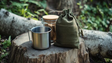 Zero-waste Camping Kit Displayed on a Wooden Stump in Nature