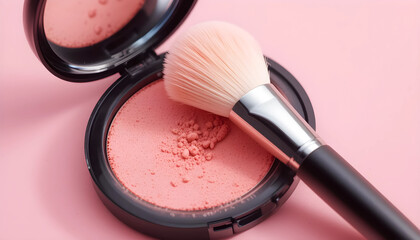 Makeup brushes with powder and beauty cosmetics on display