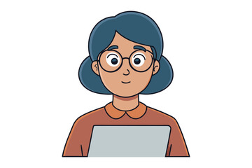 Friendly cartoon woman with blue bob haircut and glasses smiling while working on a laptop computer