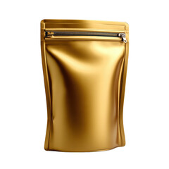 Golden stand up pouch with zipper isolated on transparent background