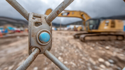 Construction machinery steel structure metal fence construction site excavator heavy equipment dirt ground industrial outdoor machinery construction work metal bolt construction area earth