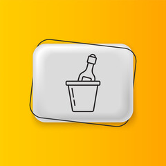 Black Bottle of champagne in an ice bucket icon isolated on yellow background. Silver rectangle button. Vector